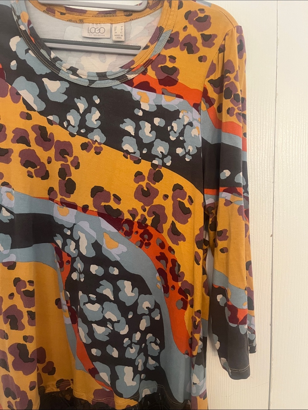 Multicolor Animal Print Lace-Hem Women's Top - Mustard Mix - Picture 3 of 5